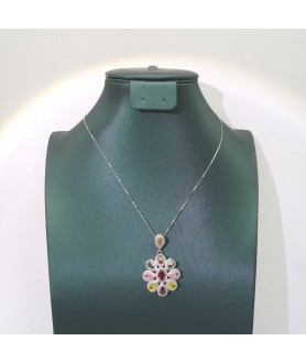 Natural coloured Tourmaline rose gold inlaid flowers pendant necklace  