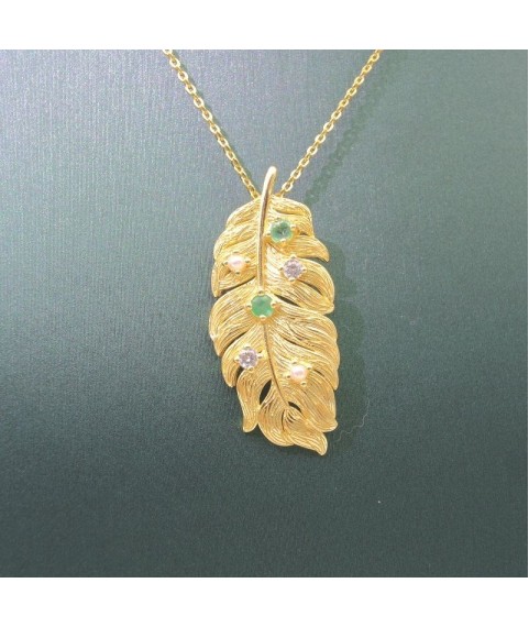 Natural Emeral  with gold leaves pendant necklace