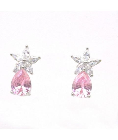 Natural pink jewel with flower and water drop jewel ear stud