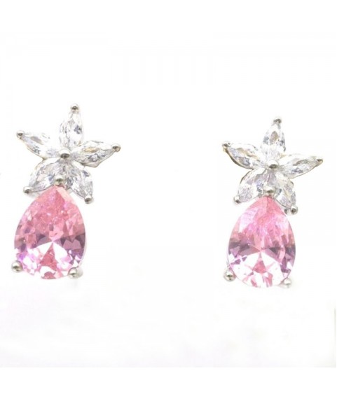 Natural pink jewel with flower and water drop jewel ear stud