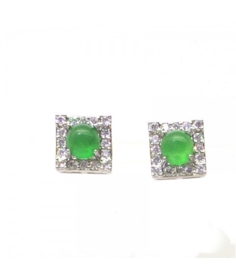 Natural green Chalcedony with square jewel ear stud