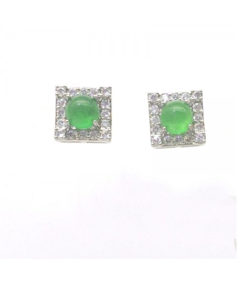 Natural green Chalcedony with square jewel ear stud