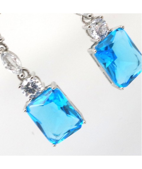 Natural blue topaz inlaid long square  gem  Earrings