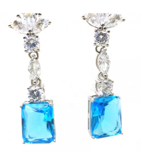 Natural blue topaz inlaid long square  gem  Earrings