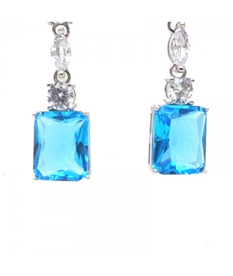 Natural blue topaz inlaid long square  gem  Earrings