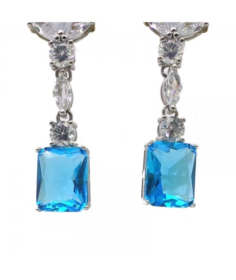 Natural blue topaz inlaid long square  gem  Earrings