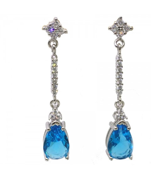 Natural blue topaz inlaid long drop gem Earrings