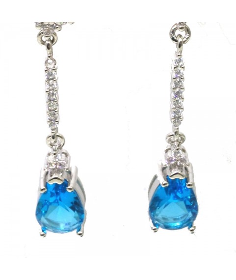 Natural blue topaz inlaid long drop gem Earrings