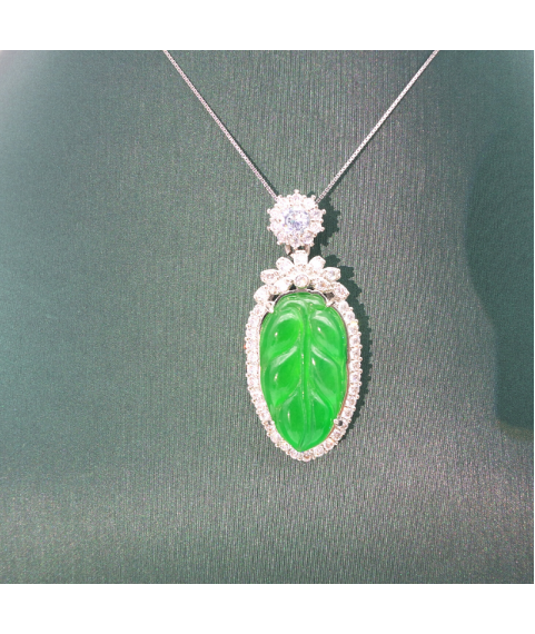 Emerald carved cabbage Silver Edge Diamond Pendant