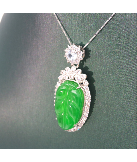 Emerald carved cabbage Silver Edge Diamond Pendant