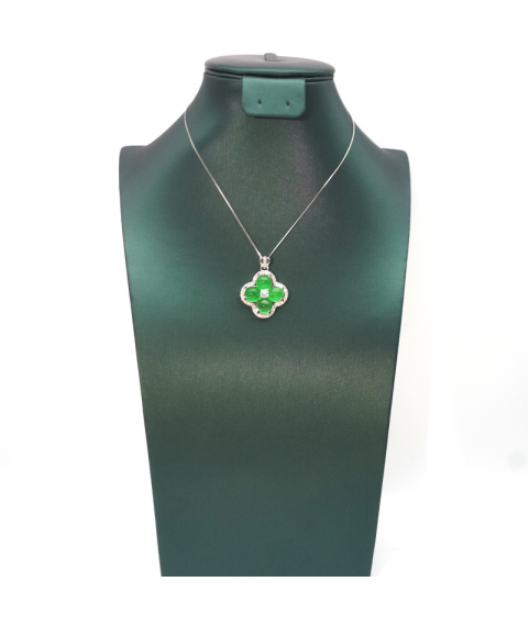 Natural emerald clover silver edged diamond necklace