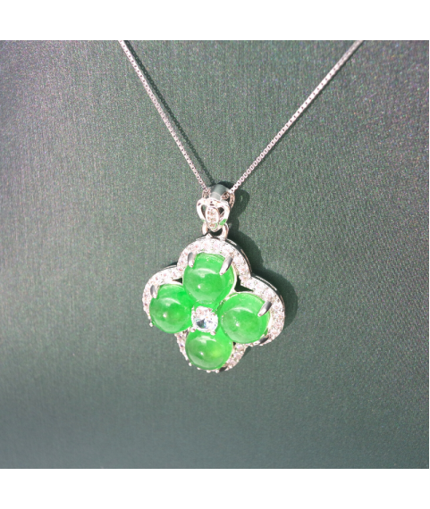 Natural emerald clover silver edged diamond necklace