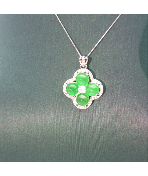 Natural emerald clover silver edged diamond necklace