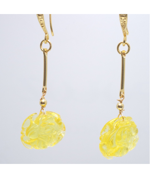 Yellow beeswax carved peony crystal ear hook