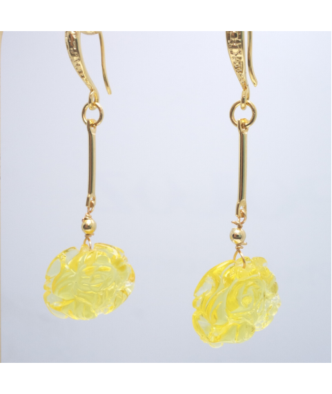 Yellow beeswax carved peony crystal ear hook